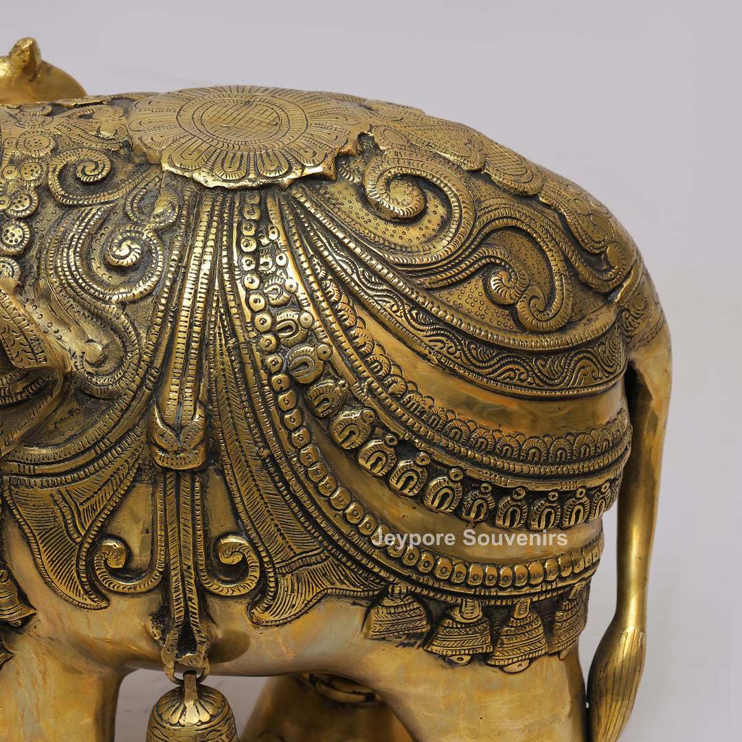 Intricately Carved Brass Elephant Statue with Hanging Bells