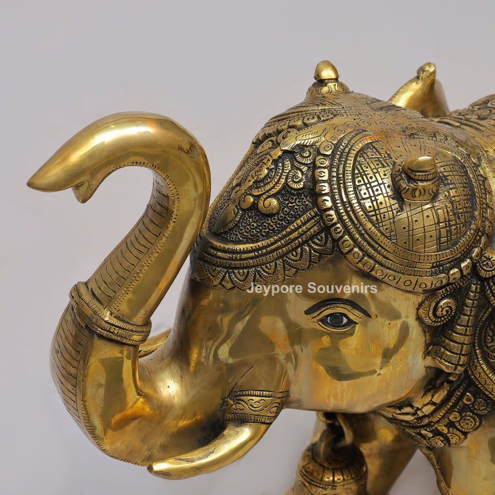Intricately Carved Brass Elephant Statue with Hanging Bells