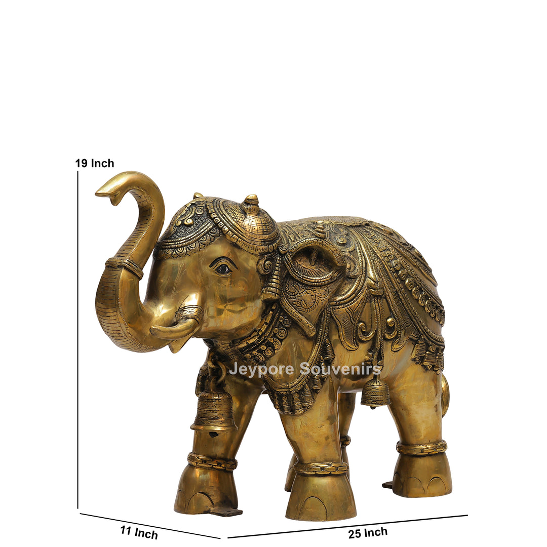 Intricately Carved Brass Elephant Statue with Hanging Bells