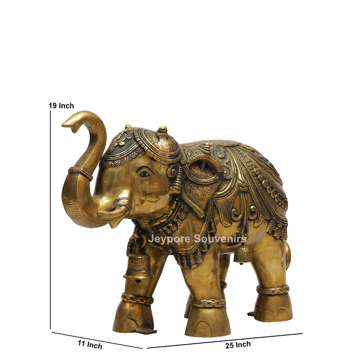 Intricately Carved Brass Elephant Statue with Hanging Bells