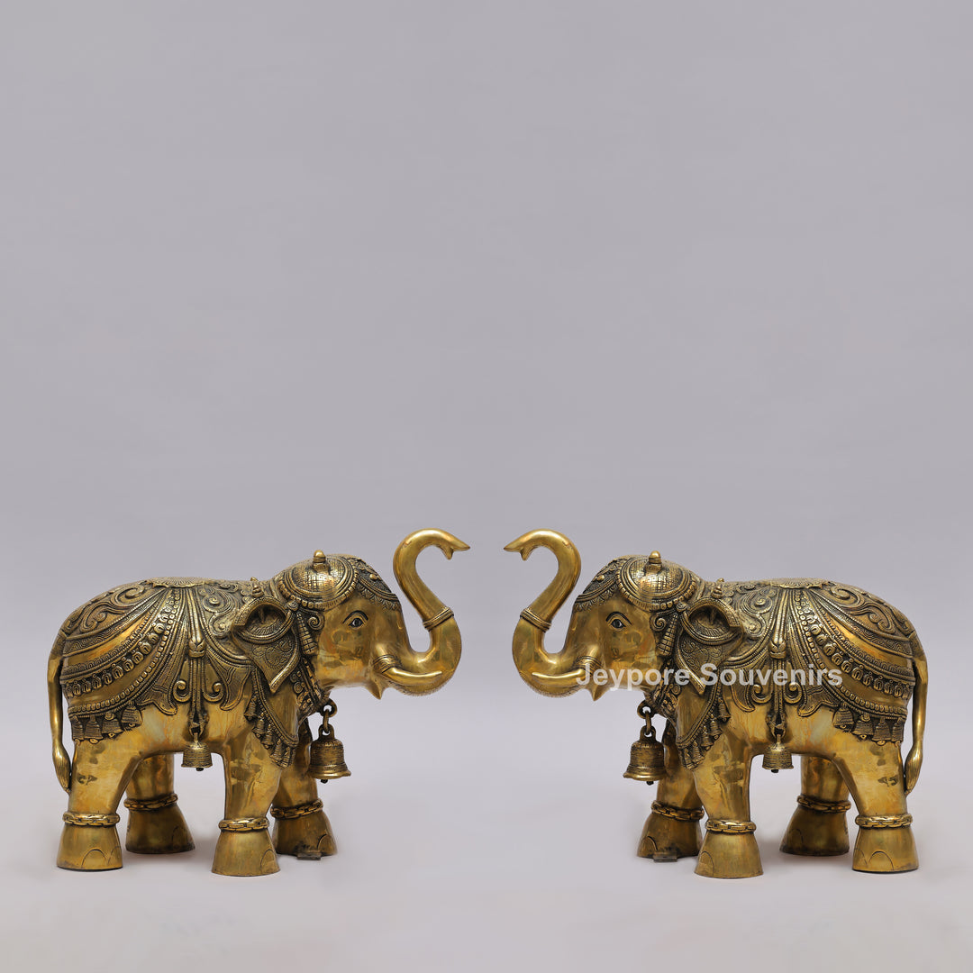 Intricately Carved Brass Elephant Statue with Hanging Bells