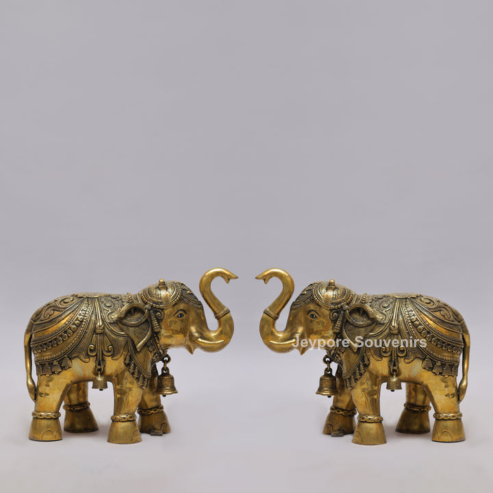 Intricately Carved Brass Elephant Statue with Hanging Bells