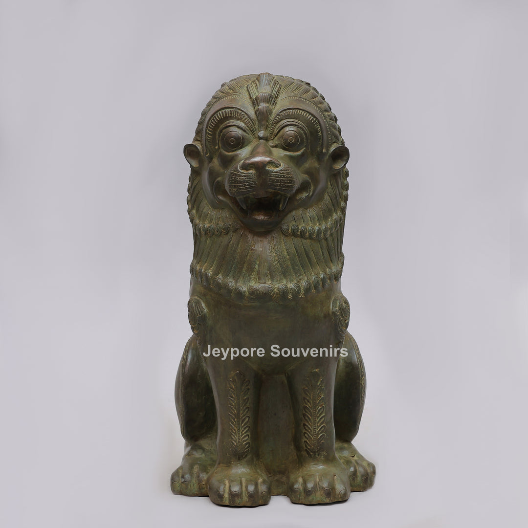 Antique Green-Black Brass Tibetan Temple Guardian Lion Statue