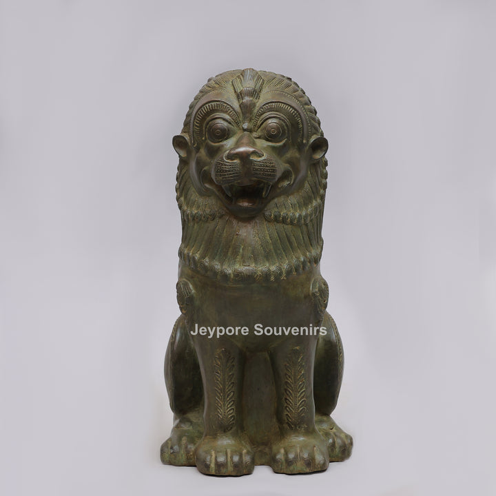 Antique Green-Black Brass Tibetan Temple Guardian Lion Statue