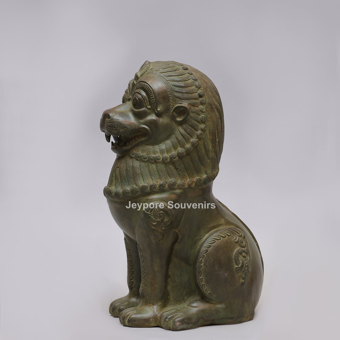 Antique Green-Black Brass Tibetan Temple Guardian Lion Statue