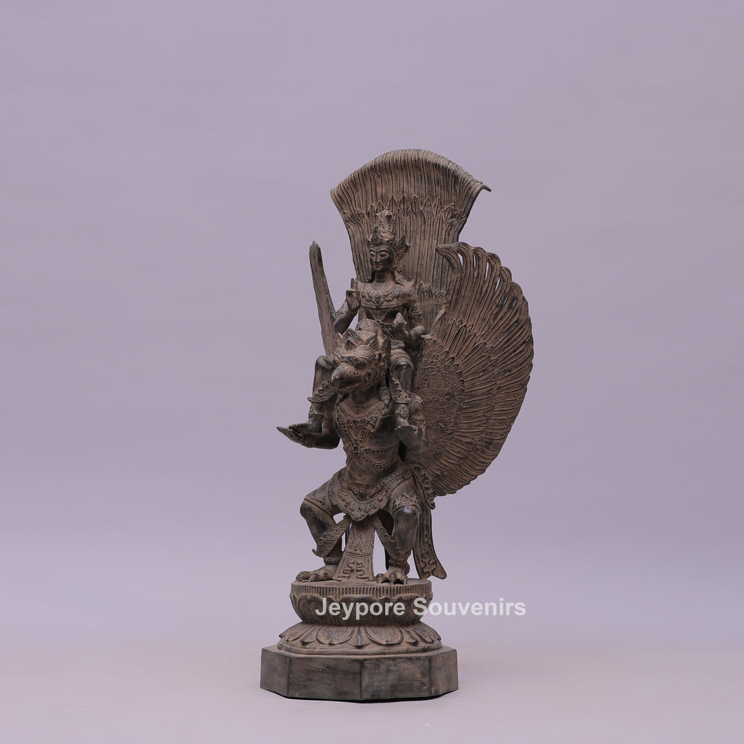 Lord Vishnu Seated on Shoulders of Garuda - Bronze Sculpture