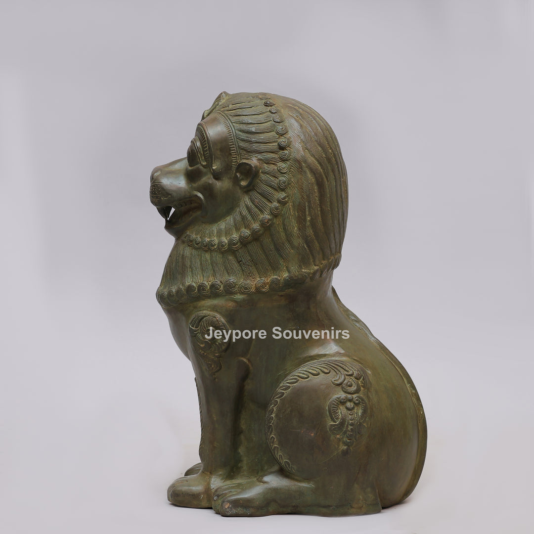 Antique Green-Black Brass Tibetan Temple Guardian Lion Statue