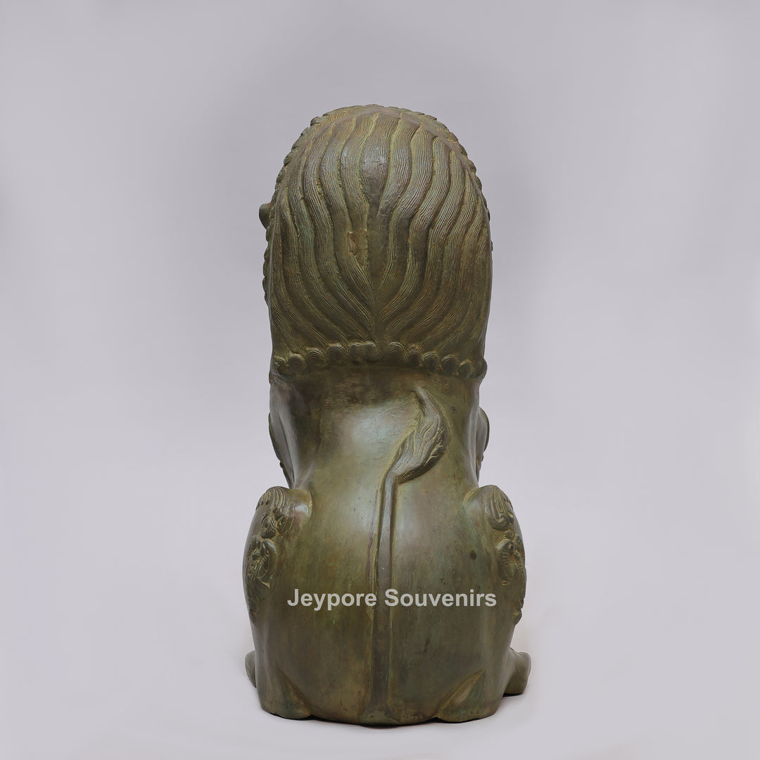 Antique Green-Black Brass Tibetan Temple Guardian Lion Statue