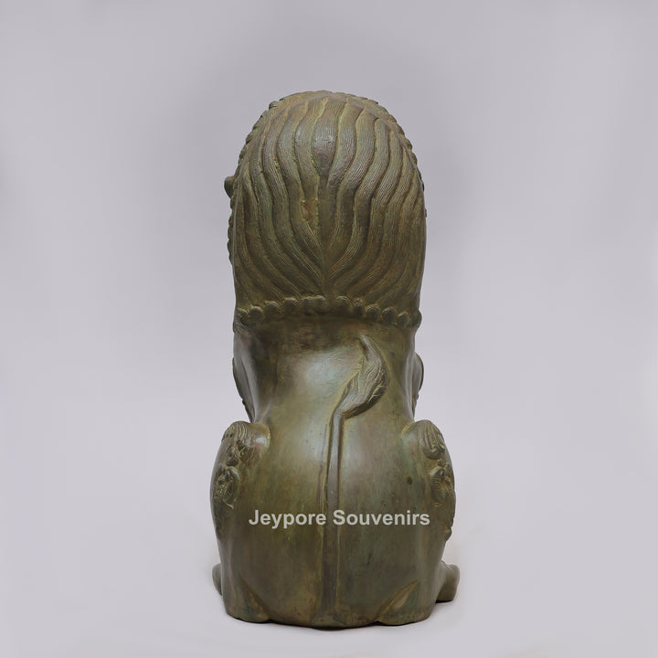 Antique Green-Black Brass Tibetan Temple Guardian Lion Statue