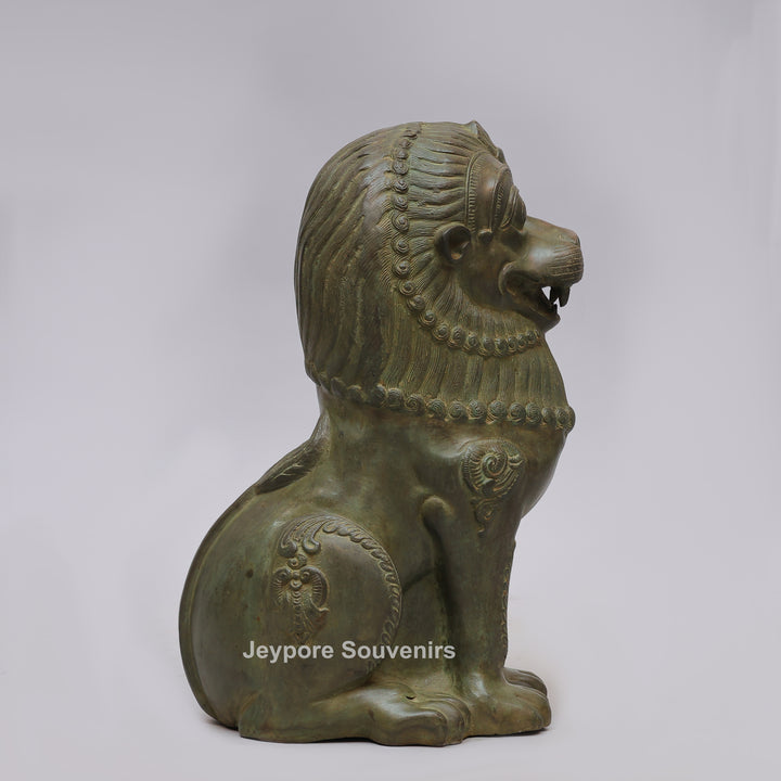 Antique Green-Black Brass Tibetan Temple Guardian Lion Statue