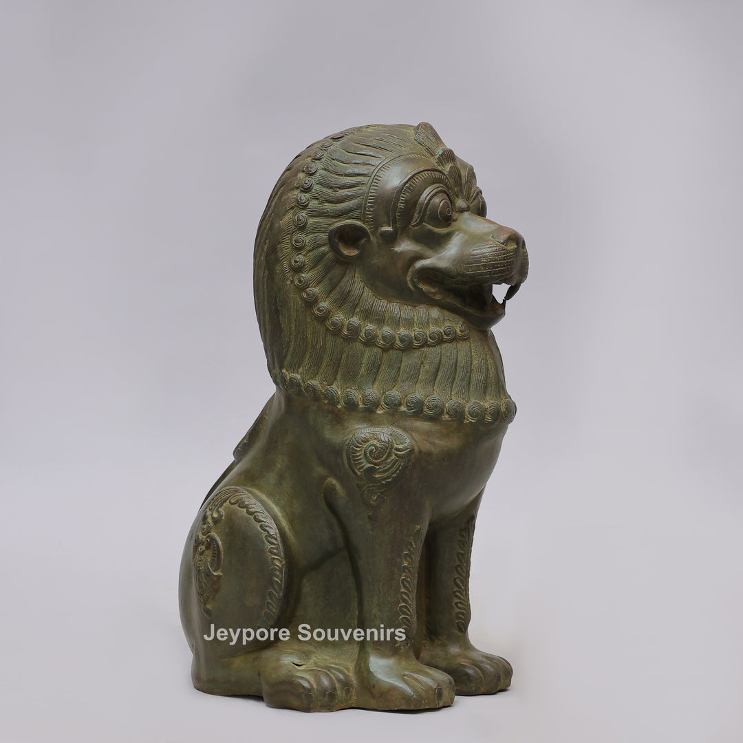 Antique Green-Black Brass Tibetan Temple Guardian Lion Statue