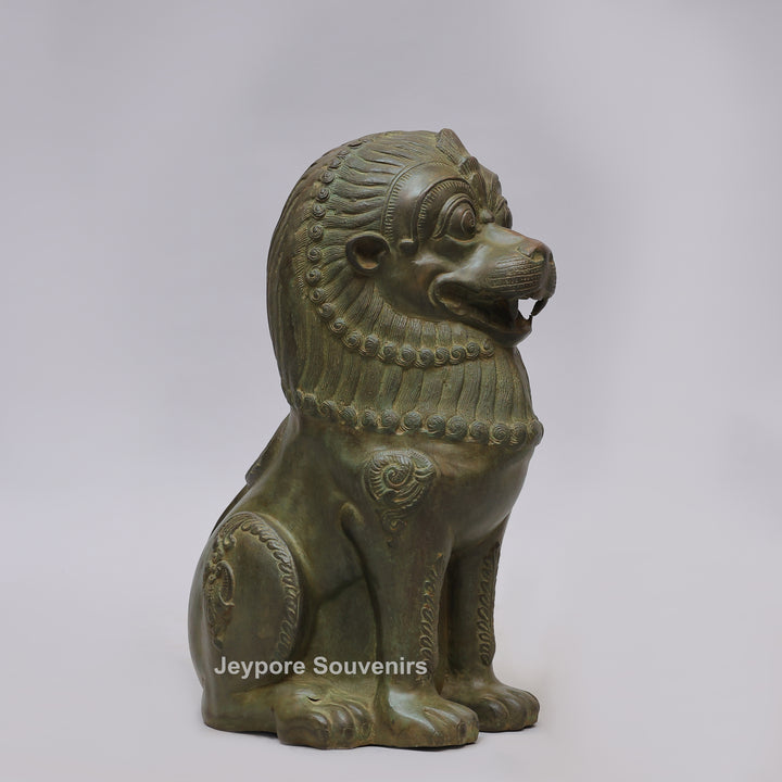 Antique Green-Black Brass Tibetan Temple Guardian Lion Statue