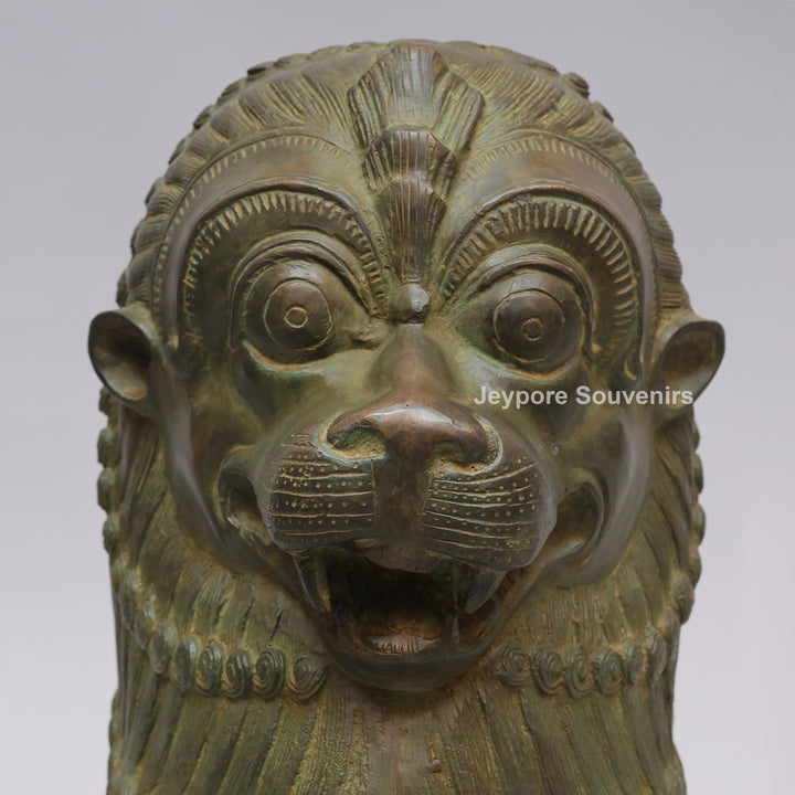 Antique Green-Black Brass Tibetan Temple Guardian Lion Statue