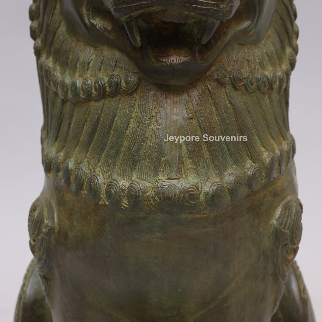 Antique Green-Black Brass Tibetan Temple Guardian Lion Statue