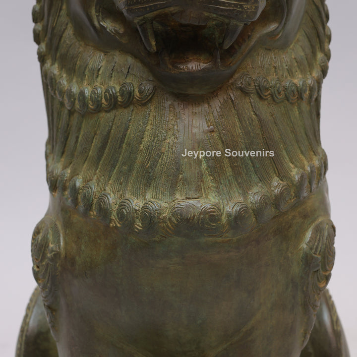 Antique Green-Black Brass Tibetan Temple Guardian Lion Statue