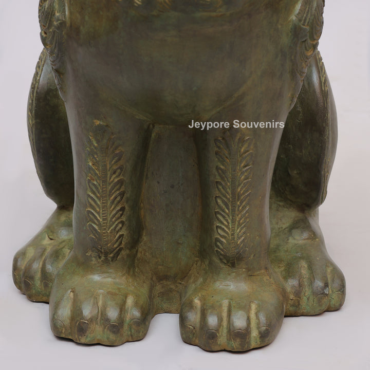 Antique Green-Black Brass Tibetan Temple Guardian Lion Statue