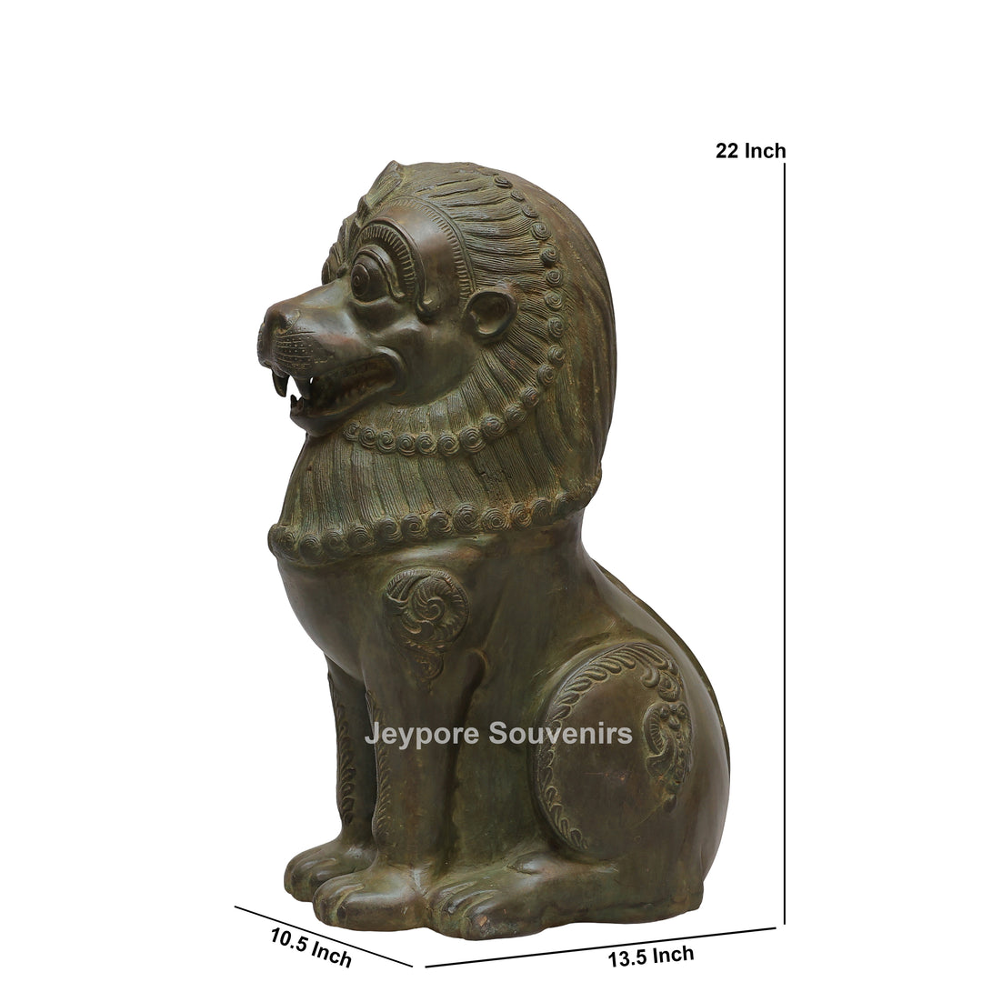 Antique Green-Black Brass Tibetan Temple Guardian Lion Statue