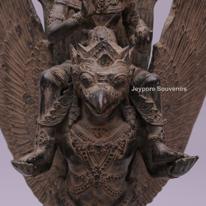 Lord Vishnu Seated on Shoulders of Garuda - Bronze Sculpture