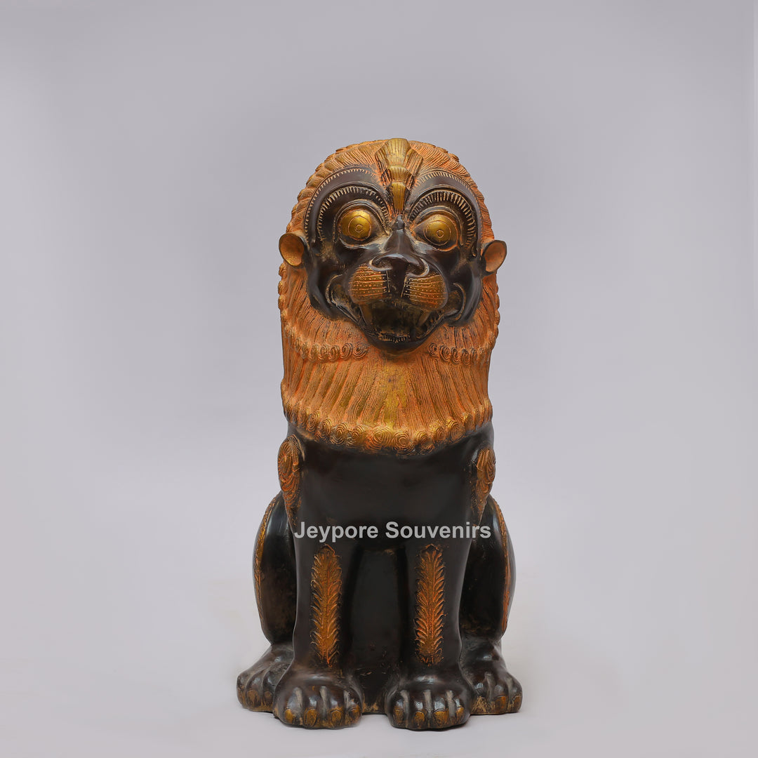 Antique Black Brass Guardian Lion Statue with Golden Mane