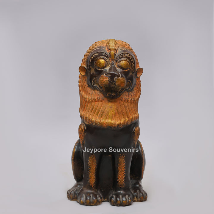 Antique Black Brass Guardian Lion Statue with Golden Mane