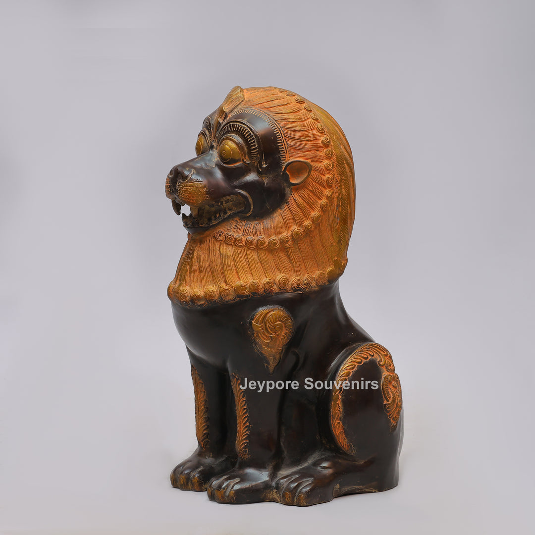 Antique Black Brass Guardian Lion Statue with Golden Mane