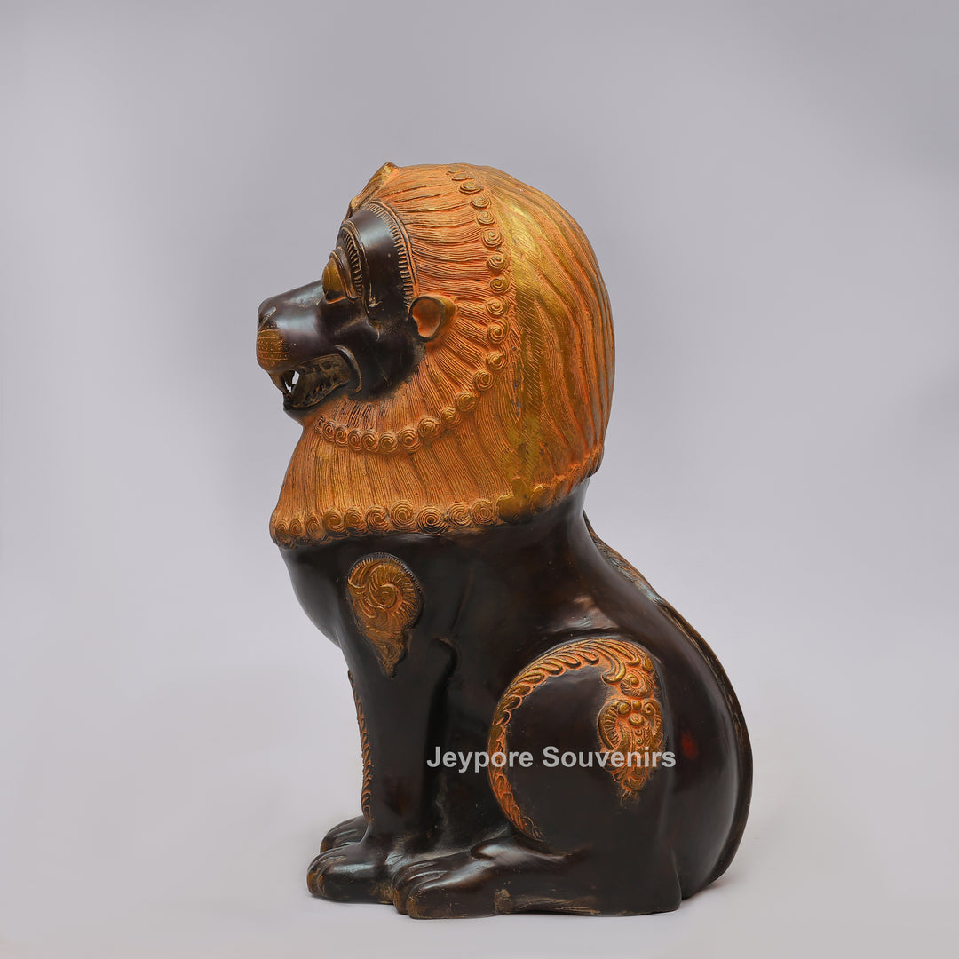 Antique Black Brass Guardian Lion Statue with Golden Mane