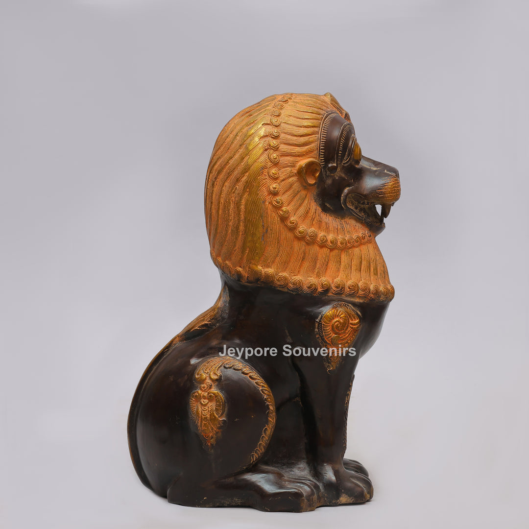Antique Black Brass Guardian Lion Statue with Golden Mane