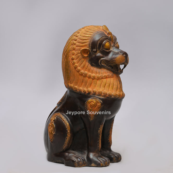 Antique Black Brass Guardian Lion Statue with Golden Mane