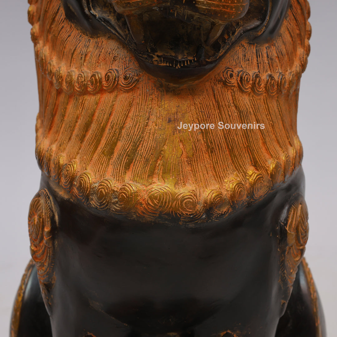 Antique Black Brass Guardian Lion Statue with Golden Mane