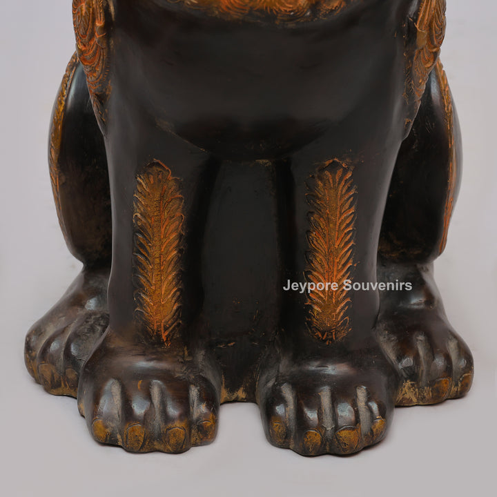 Antique Black Brass Guardian Lion Statue with Golden Mane