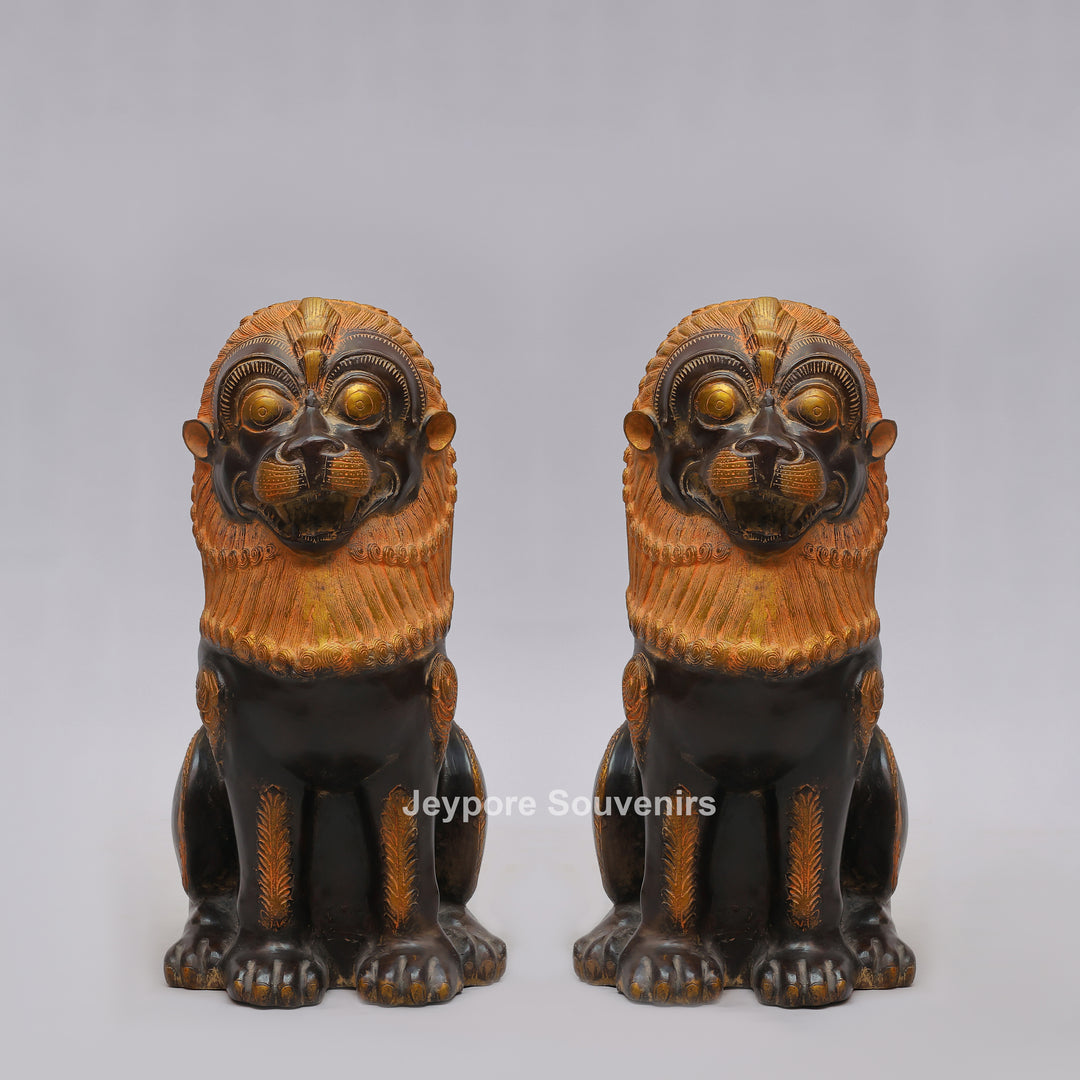 Antique Black Brass Guardian Lion Statue with Golden Mane