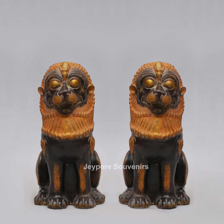 Antique Black Brass Guardian Lion Statue with Golden Mane