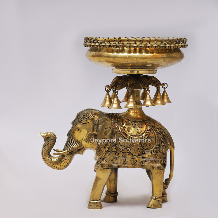 Handcrafted Brass Elephant Urli Bowl with Hanging Bells