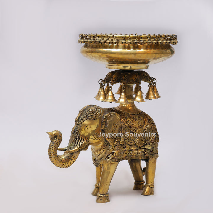 Handcrafted Brass Elephant Urli Bowl with Hanging Bells
