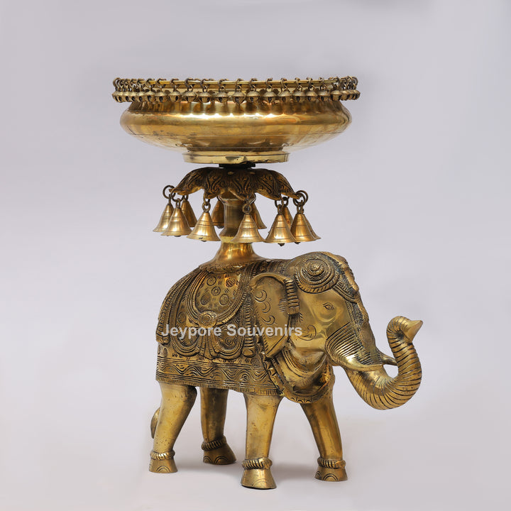 Handcrafted Brass Elephant Urli Bowl with Hanging Bells