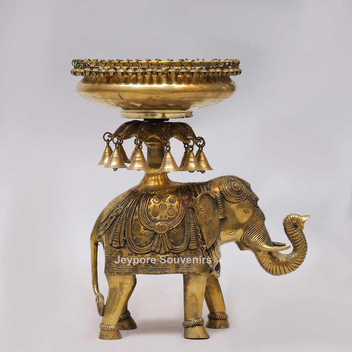 Handcrafted Brass Elephant Urli Bowl with Hanging Bells