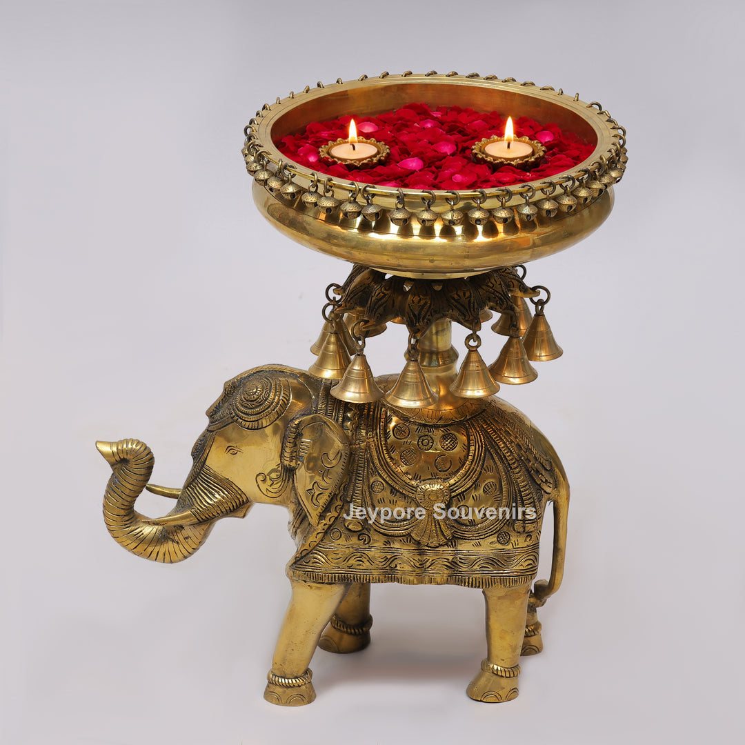 Handcrafted Brass Elephant Urli Bowl with Hanging Bells