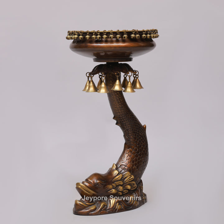 Brass Urli Bowl on Ornate Fish Stand with Hanging Bells