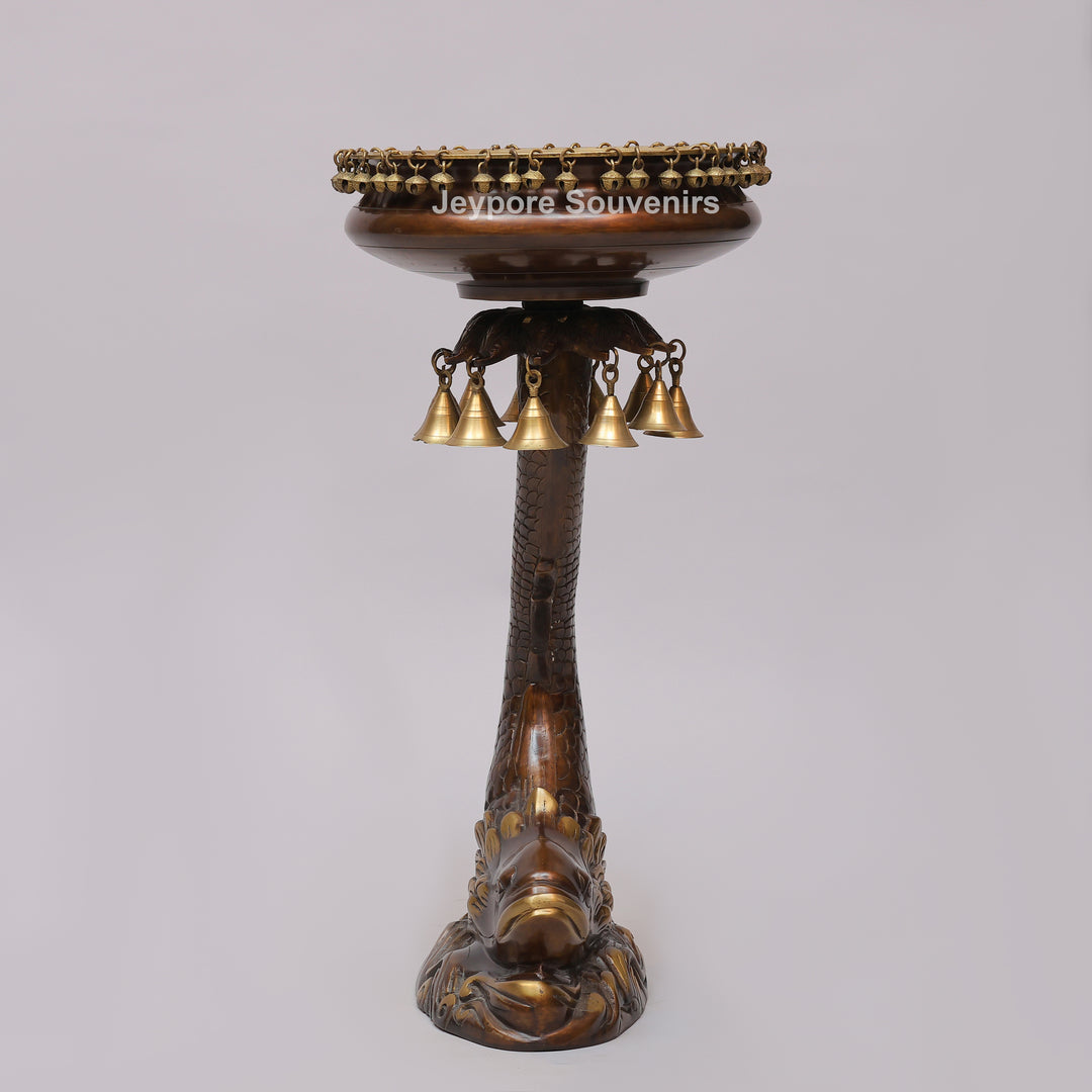 Brass Urli Bowl on Ornate Fish Stand with Hanging Bells
