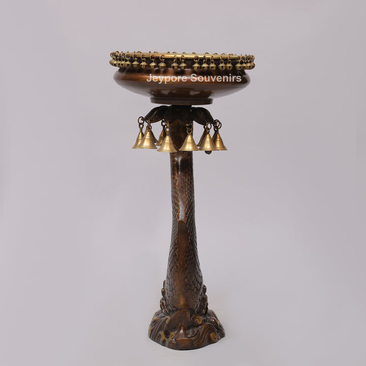 Brass Urli Bowl on Ornate Fish Stand with Hanging Bells