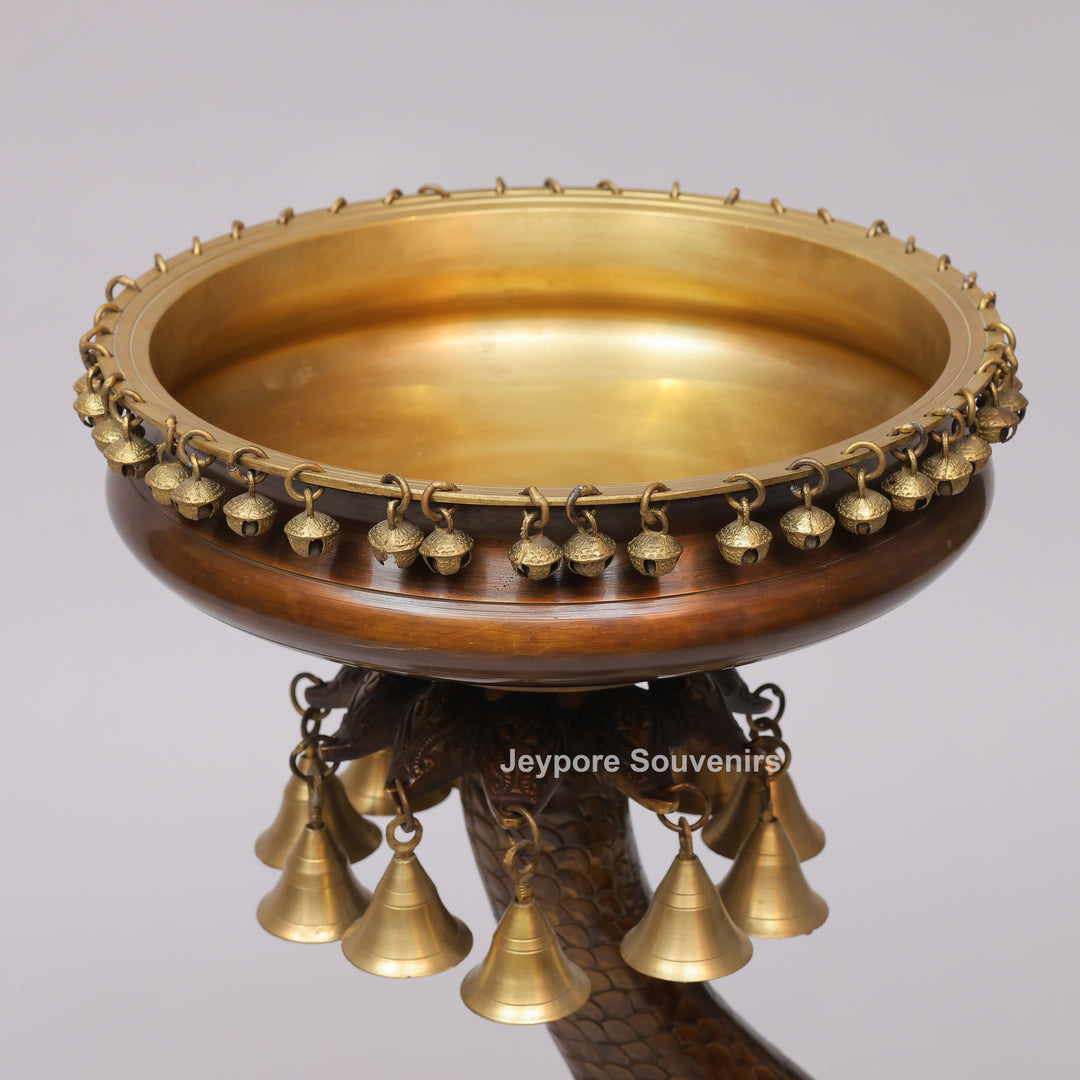 Brass Urli Bowl on Ornate Fish Stand with Hanging Bells