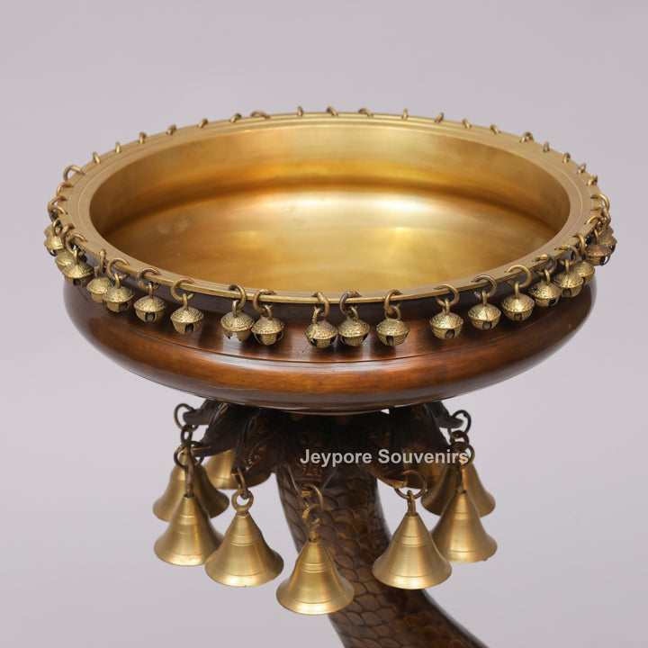 Brass Urli Bowl on Ornate Fish Stand with Hanging Bells