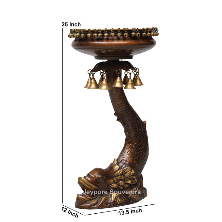 Brass Urli Bowl on Ornate Fish Stand with Hanging Bells