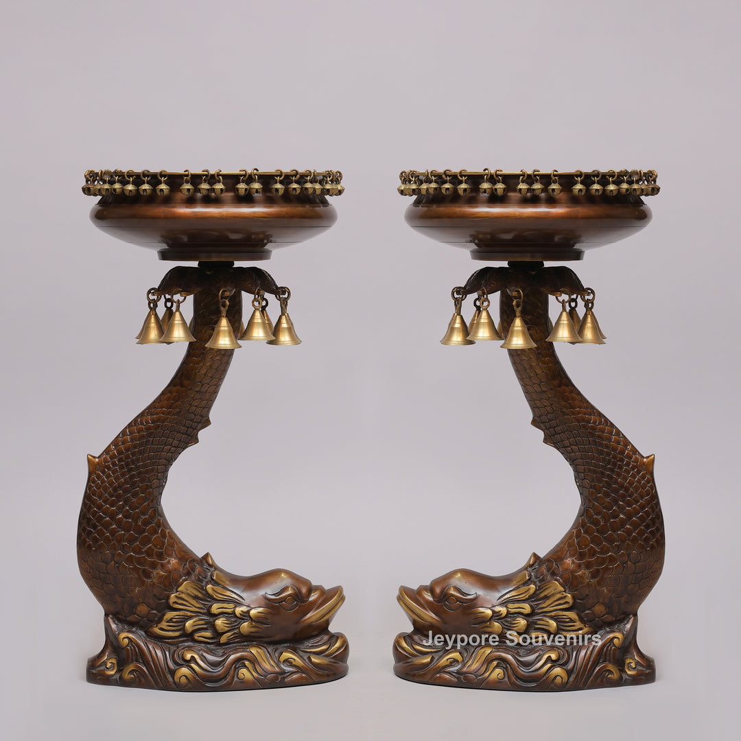 Brass Urli Bowl on Ornate Fish Stand with Hanging Bells