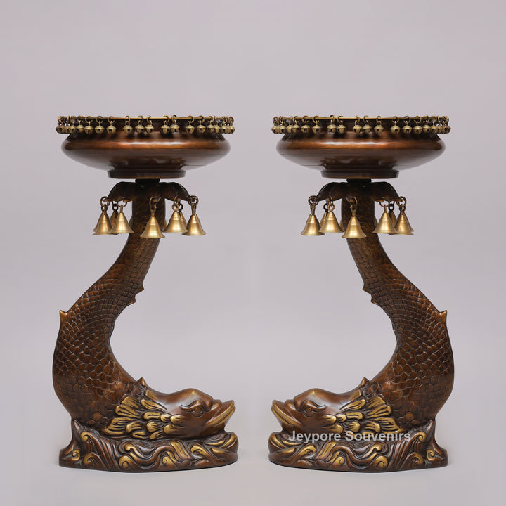 Brass Urli Bowl on Ornate Fish Stand with Hanging Bells
