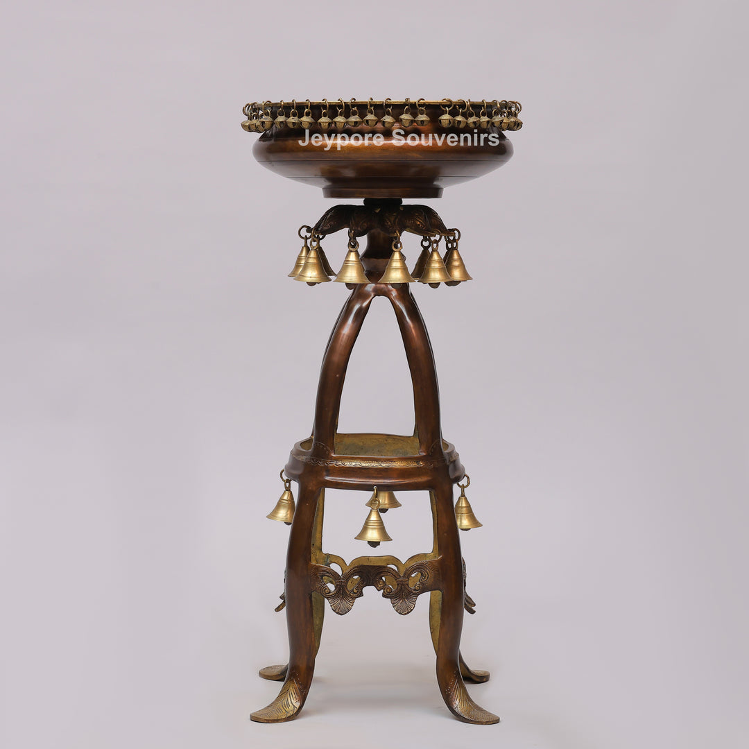 Handcrafted Brass Urli Bowl on Ornate Stand with Hanging Bells