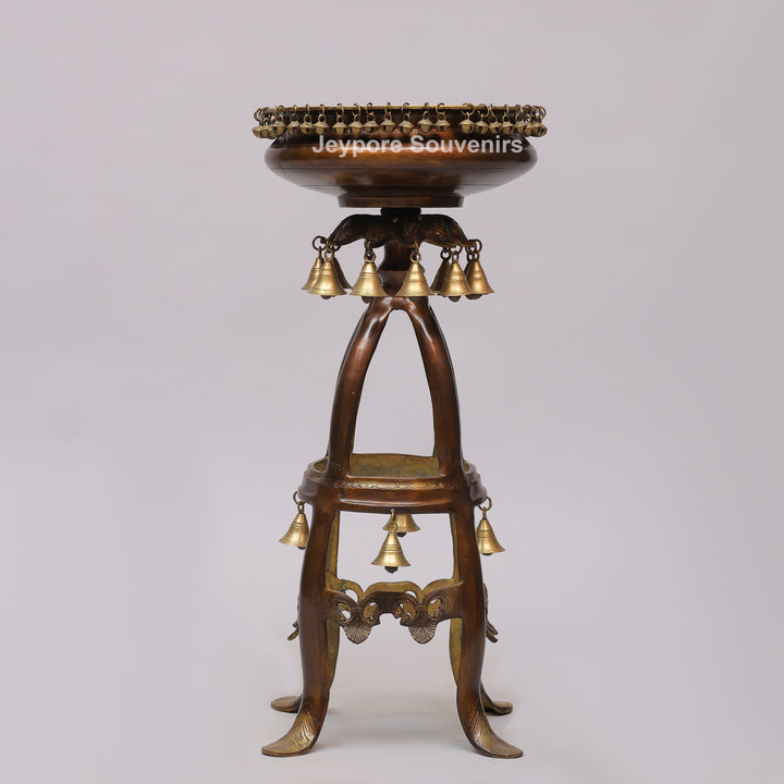 Handcrafted Brass Urli Bowl on Ornate Stand with Hanging Bells