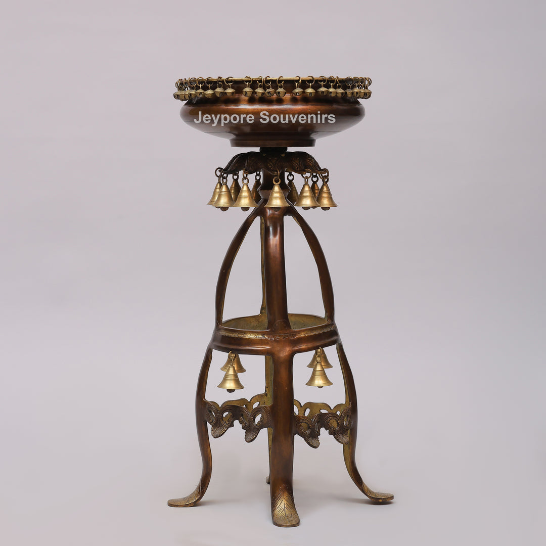 Handcrafted Brass Urli Bowl on Ornate Stand with Hanging Bells