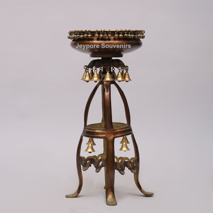 Handcrafted Brass Urli Bowl on Ornate Stand with Hanging Bells