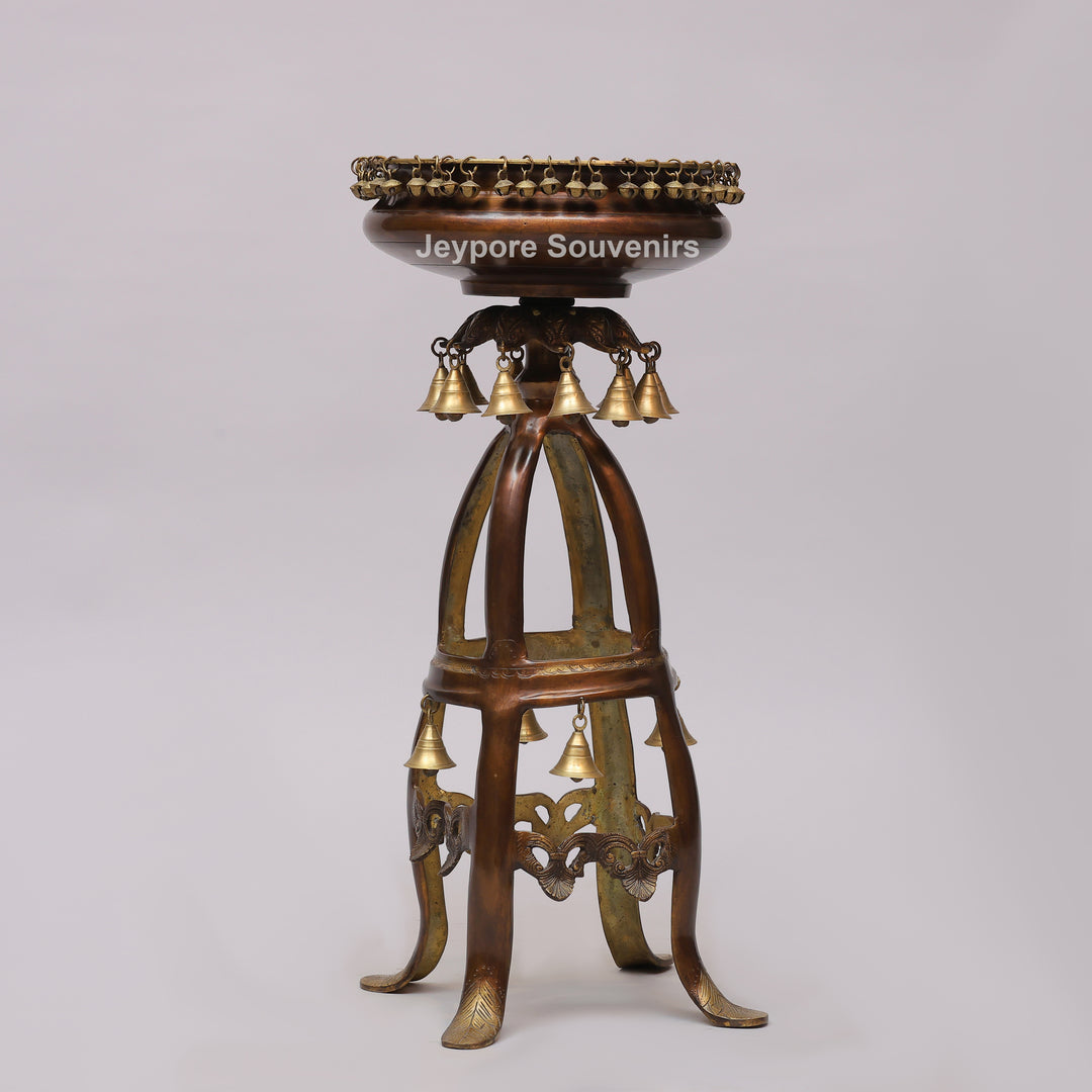 Handcrafted Brass Urli Bowl on Ornate Stand with Hanging Bells